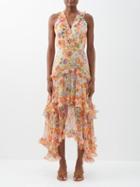 Saloni - Jolie B Printed Silk-georgette Midi Dress - Womens - Pink Multi