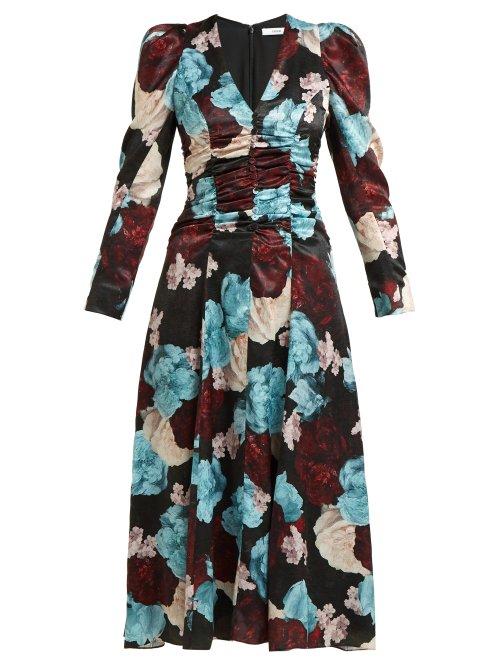 Matchesfashion.com Erdem - Annalee Floral Print Satin Dress - Womens - Blue Multi