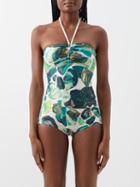 Ale Mais - Siena Brush Stroke-print Halterneck Swimsuit - Womens - Green Print