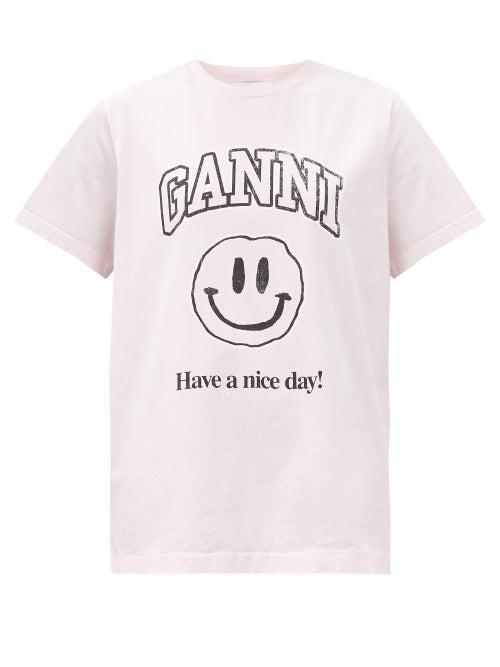 Matchesfashion.com Ganni - Smiley Face-print Jersey T-shirt - Womens - Pink Multi