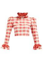 Matchesfashion.com Batsheva - Gingham And Floral Print Cotton Cropped Blouse - Womens - Red White