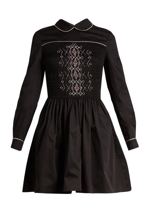 Matchesfashion.com Miu Miu - Smocked Front Cotton Mini Dress - Womens - Black