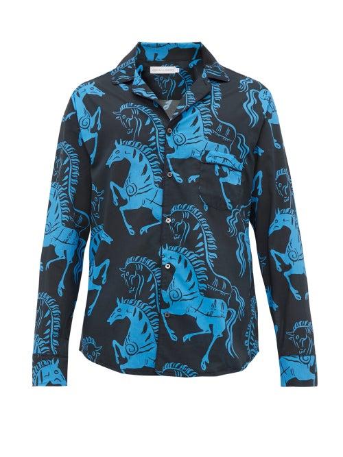 Matchesfashion.com Desmond & Dempsey - Caballo Horse Print Cotton Pyjama Shirt - Mens - Blue Multi