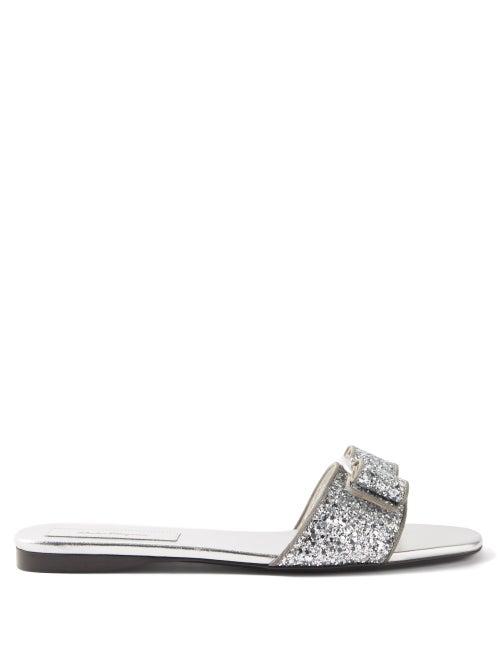 Salvatore Ferragamo - Vicky Glitter-finished Leather Slides - Womens - Silver