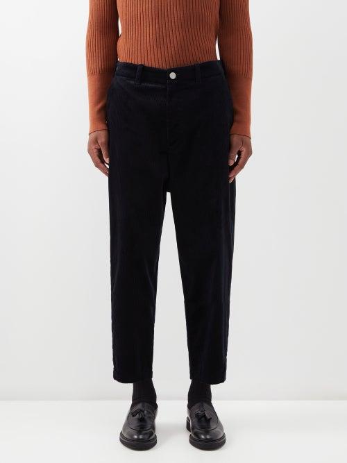 Giorgio Armani - Flat-front Cotton-blend Tapered-leg Trousers - Mens - Navy