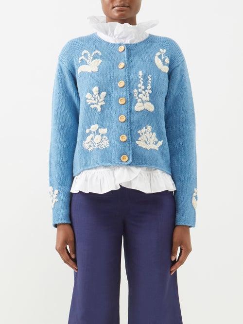 Batsheva - Floral-embroidered Alpaca Cardigan - Womens - Blue