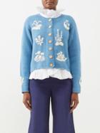 Batsheva - Floral-embroidered Alpaca Cardigan - Womens - Blue