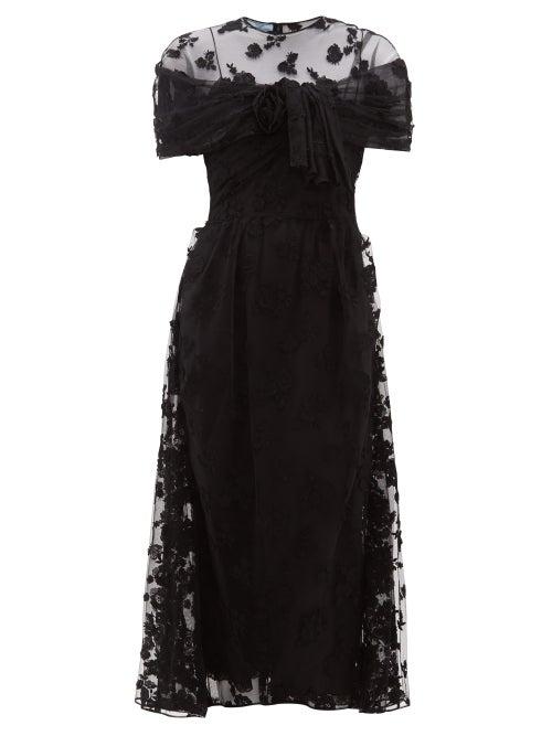 Matchesfashion.com Prada - Floral Appliqu Ruched Mesh Dress - Womens - Black