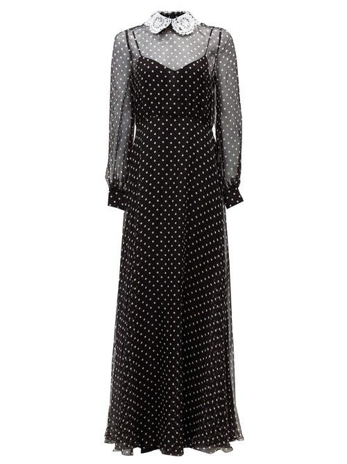 Matchesfashion.com Valentino - Lace-collar Polka-dot Chiffon Gown - Womens - Black White