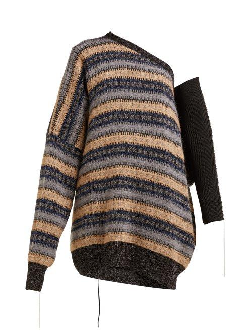 Matchesfashion.com Raf Simons - Oversized One Shoulder Striped Sweater - Womens - Beige Multi