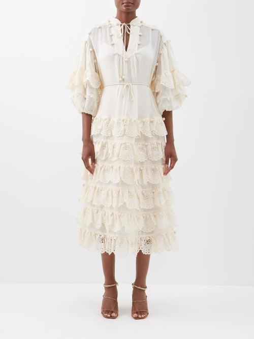 Zimmermann - Lyre Crochet-embellished Tiered Ramie-voile Dress - Womens - Cream