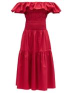 Matchesfashion.com Self-portrait - Off-the-shoulder Shirred Cotton-poplin Midi Dress - Womens - Red
