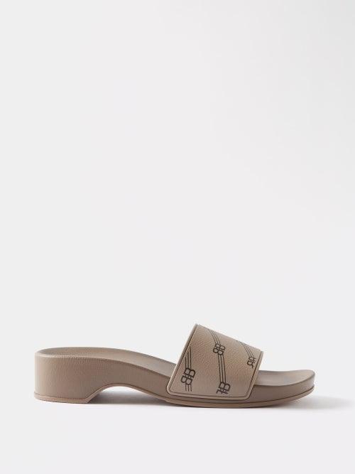 Balenciaga - Bb Logo-print Wedge Slides - Womens - Brown