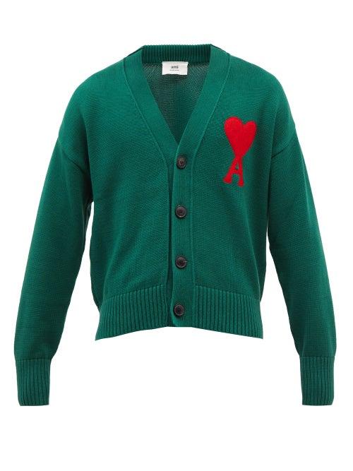 Ami - Ami De Caur Logo-appliqu Cotton-blend Cardigan - Mens - Green