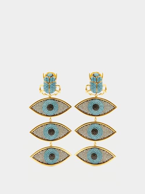 Begm Khan - Scarab Nazar 24kt Gold-plated Clip Earrings - Womens - Coral Turquoise