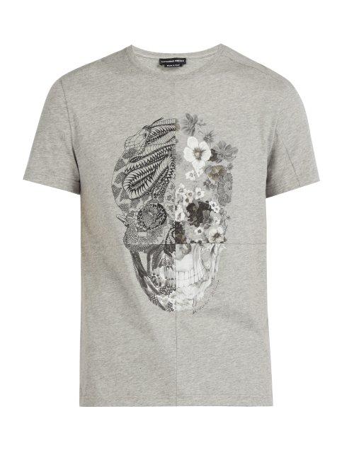 Matchesfashion.com Alexander Mcqueen - Patchwork Skull Print Cotton T Shirt - Mens - Grey