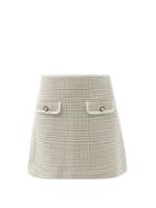 Ladies Rtw Self-portrait - Faux-pearl Button Checked-twill Mini Skirt - Womens - Beige Multi