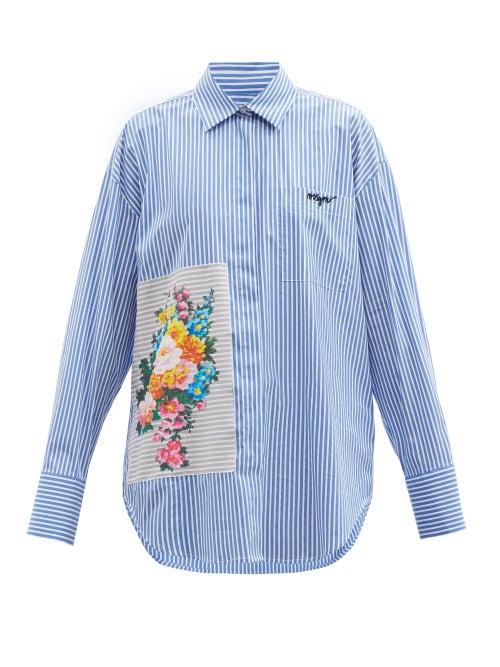 Matchesfashion.com Msgm - Floral-patch Striped Cotton-blend Shirt - Womens - Blue Stripe