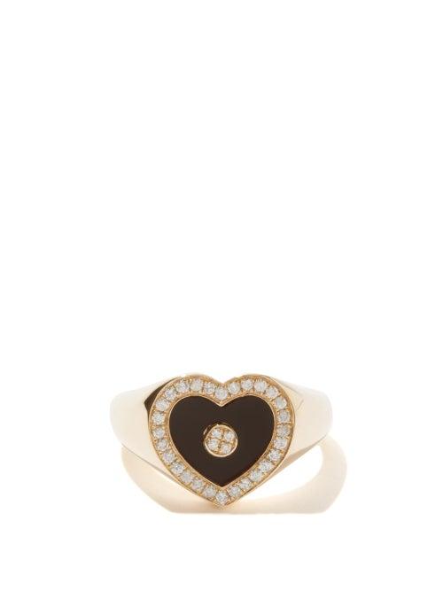 Anissa Kermiche - Heart Love Diamond, Onyx & 14kt Gold Ring - Womens - Yellow Gold