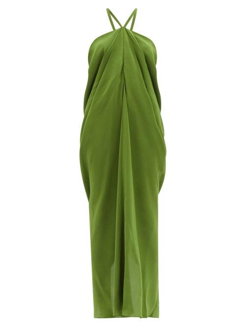 Matchesfashion.com Thea - The Ceto Halterneck Silk Crepe De Chine Dress - Womens - Green