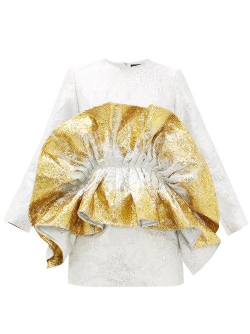 Matchesfashion.com Germanier - Ruffled Metallic Jacquard Mini Dress - Womens - Gold
