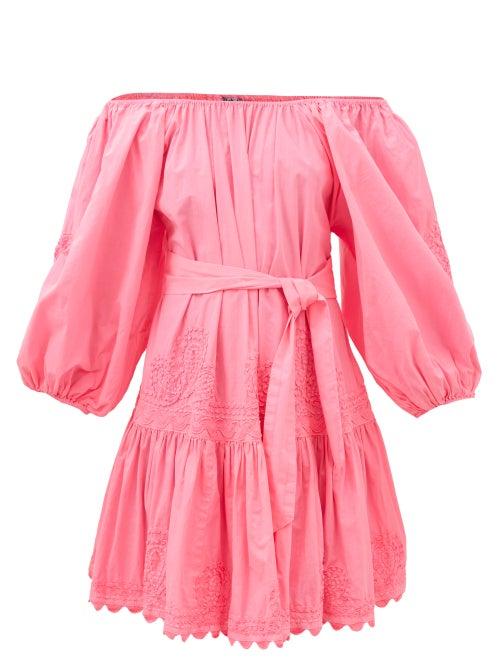 Juliet Dunn - Off-the-shoulder Belted Cotton-poplin Dress - Womens - Neon Pink