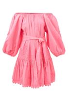 Juliet Dunn - Off-the-shoulder Belted Cotton-poplin Dress - Womens - Neon Pink