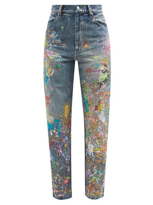 Ashish - Sequinned Paint-splatter Straight-leg Jeans - Womens - Mid Denim
