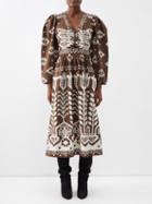 Sea - Sonia Lace-up Floral-print Cotton Midi Dress - Womens - Brown White