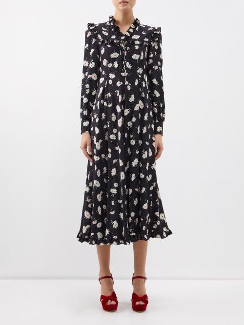 Alessandra Rich - Daisy-print Silk Midi Dress - Womens - Black