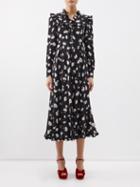 Alessandra Rich - Daisy-print Silk Midi Dress - Womens - Black