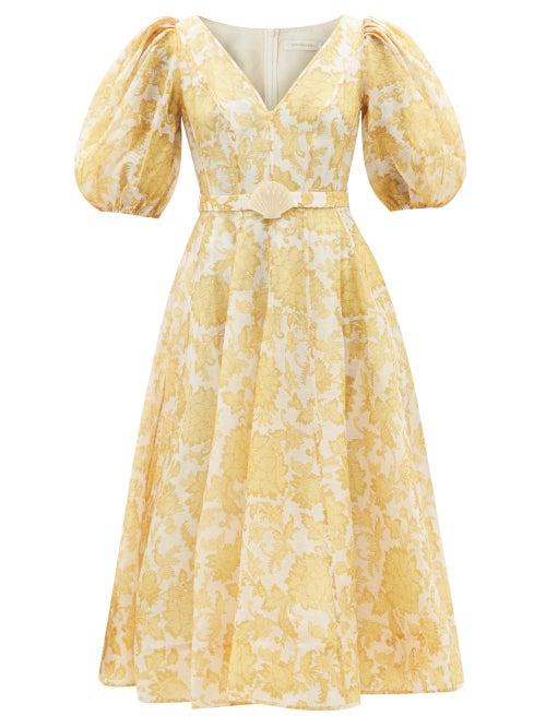 Zimmermann - Postcard Puff-sleeve Linen And Silk Midi Dress - Womens - Yellow Print