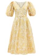 Zimmermann - Postcard Puff-sleeve Linen And Silk Midi Dress - Womens - Yellow Print