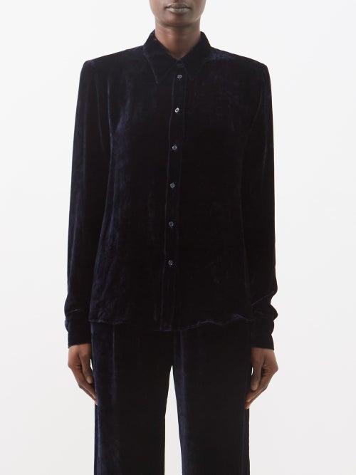 Tom Ford - Point-collar Velvet Shirt - Womens - Navy