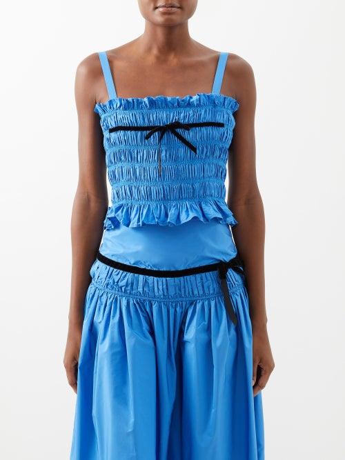 Molly Goddard - Kirsty Velvet-trim Shirred Taffeta Top - Womens - Blue Black
