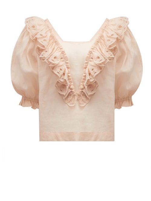 Matchesfashion.com Innika Choo - Anite Eayte Ruffled Linen Blouse - Womens - Beige