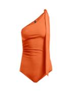 Matchesfashion.com Lisa Marie Fernandez - Arden One Shoulder Ruched Swimsuit - Womens - Orange