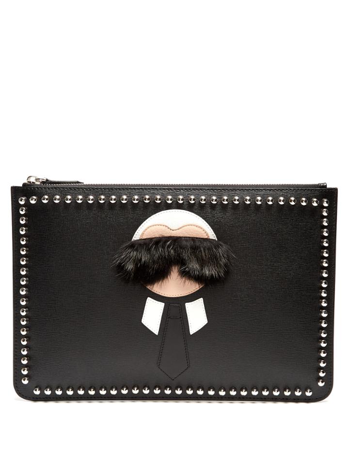 Fendi Karlito Fur-trimmed Leather Pouch
