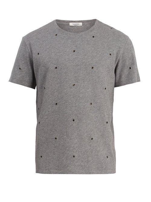Matchesfashion.com Valentino - Eyelet Embellished Cotton Blend T Shirt - Mens - Grey