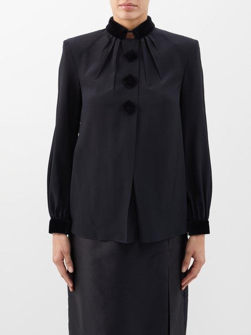 Gucci - Velvet-trim Silk Crepe De Chine Blouse - Womens - Black