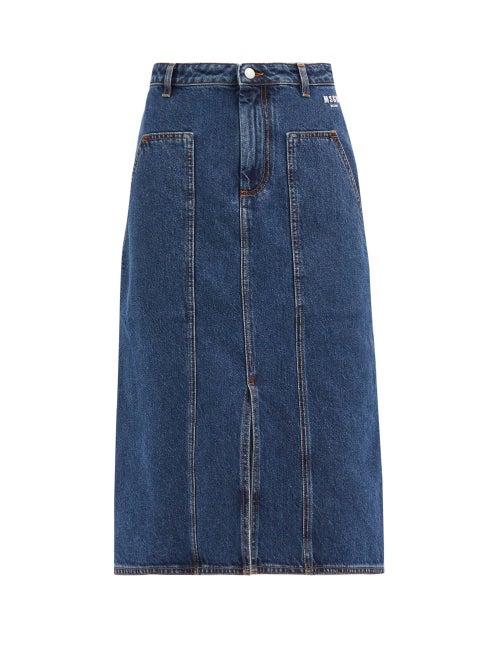 Matchesfashion.com Msgm - Logo-print High-rise Denim Midi Skirt - Womens - Denim