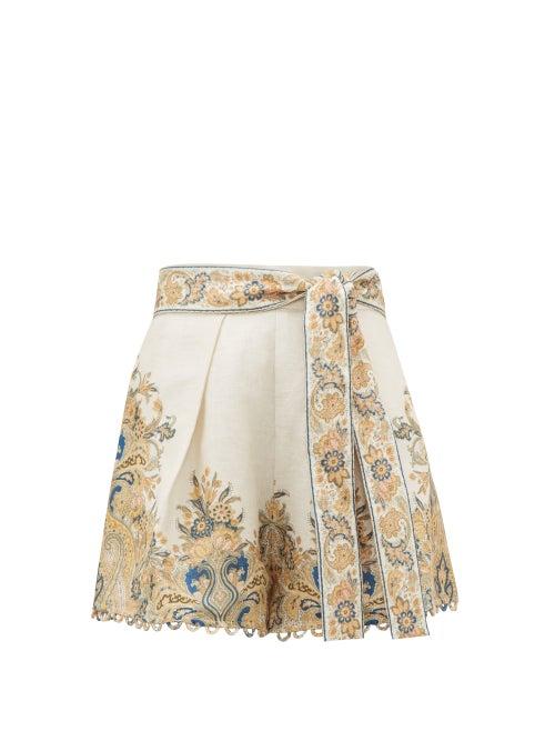 Matchesfashion.com Zimmermann - Freja Paisley-print Scalloped-hem Linen Shorts - Womens - White Print