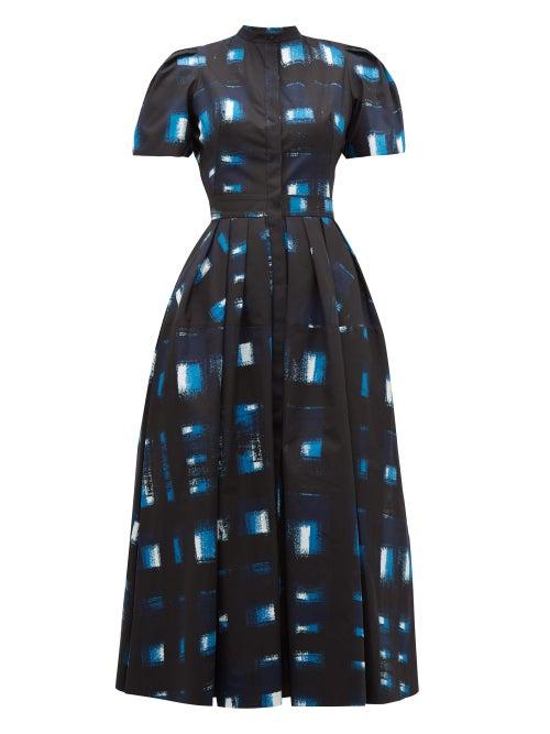 Matchesfashion.com Alexander Mcqueen - Hand Printed Check Cotton Poplin Dress - Womens - Blue Multi
