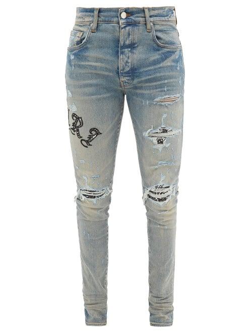 Amiri - Old English-logo Distressed Skinny Jeans - Mens - Light Blue