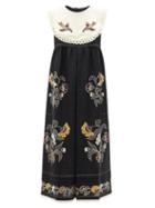Matchesfashion.com Vita Kin - Heavenly Swallows Embroidered Linen Midi Dress - Womens - Black Multi