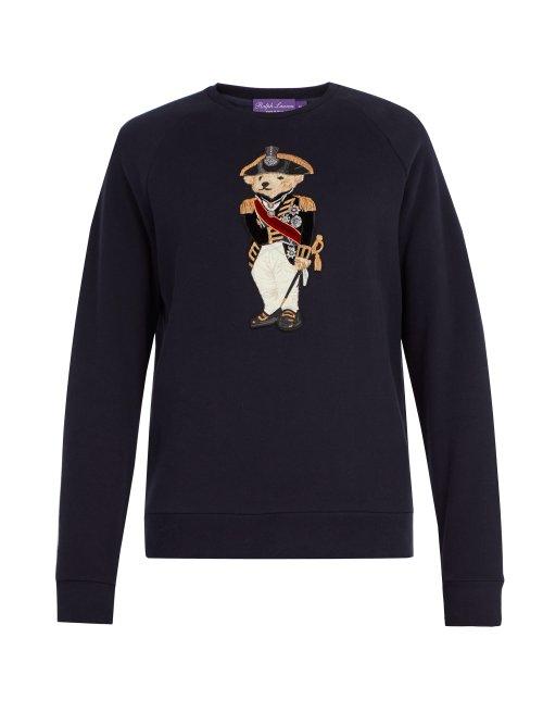 Matchesfashion.com Ralph Lauren Purple Label - Polo Bear Appliqu Cotton Blend Sweatshirt - Mens - Navy