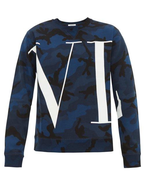 Matchesfashion.com Valentino - Logo Print Camouflage Cotton Blend Sweatshirt - Mens - Navy