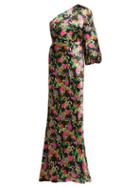 Matchesfashion.com Saloni - Lily One Shoulder Floral Print Silk Satin Dress - Womens - Black Pink
