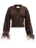 Ladies Rtw 16arlington - Kara Feather-trim Wool-blend Cardigan - Womens - Dark Brown