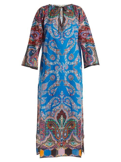 Matchesfashion.com Etro - Paisley Print Tie Neck Cotton Kaftan - Womens - Blue Multi